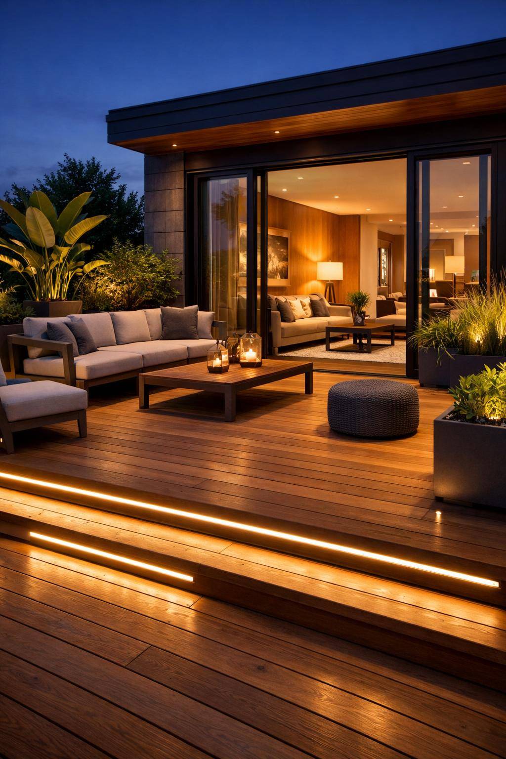Ideen und Inspiration für Holzterrasse- Integriere LED-Lichtleisten für abendliche Stimmung