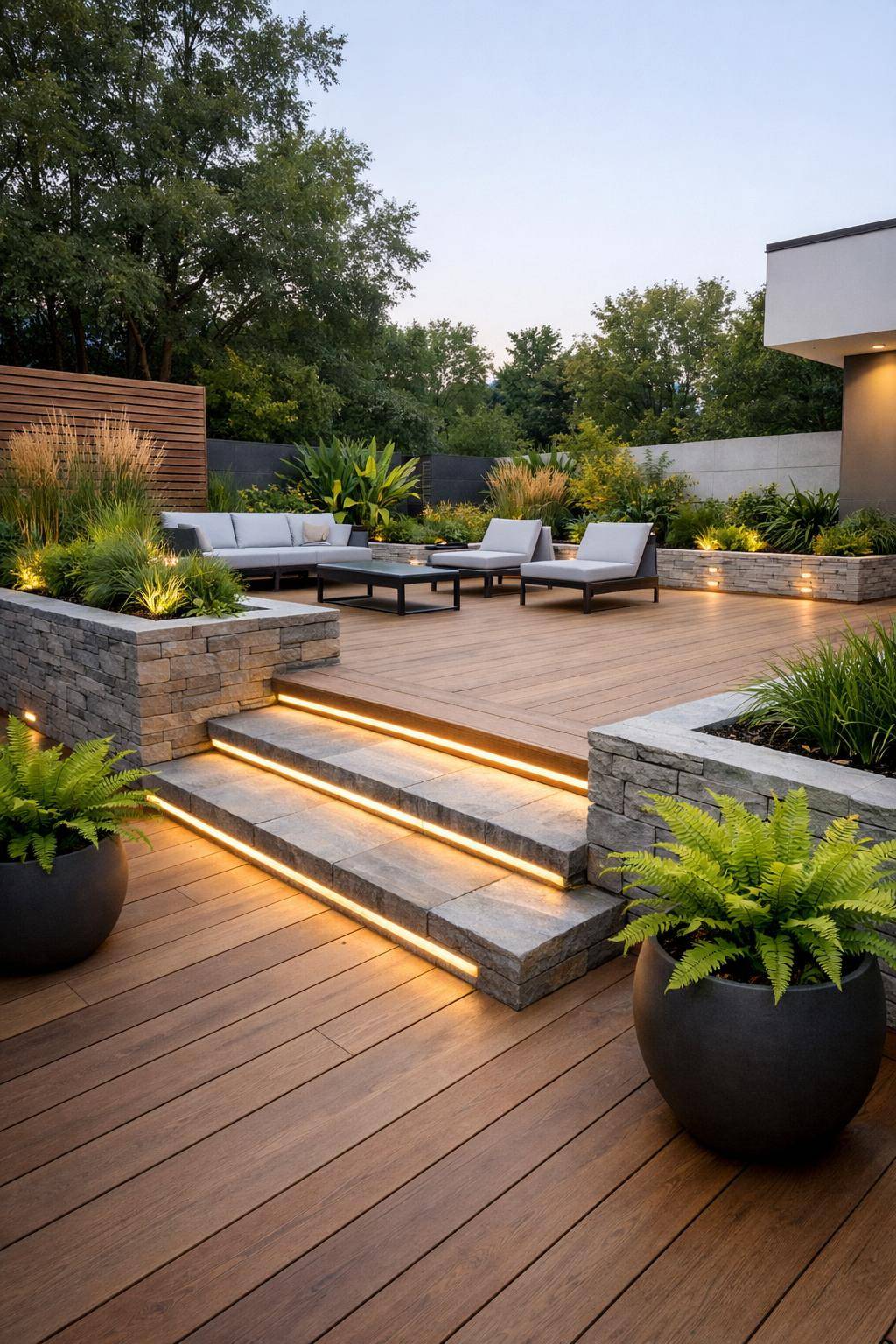 Ideen und Inspiration für Holzterrasse- Kombiniere Holz mit Naturstein-Elementen