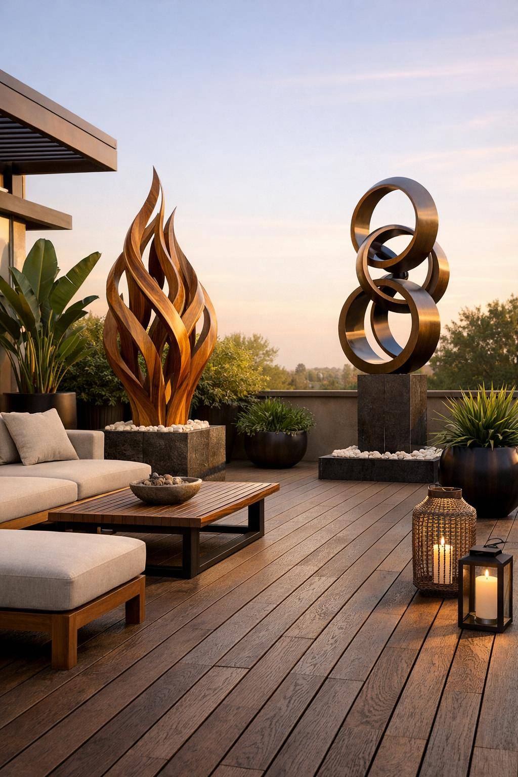 Ideen und Inspiration für Holzterrasse- Präsentiere Kunstobjekte aus Holz oder Metall