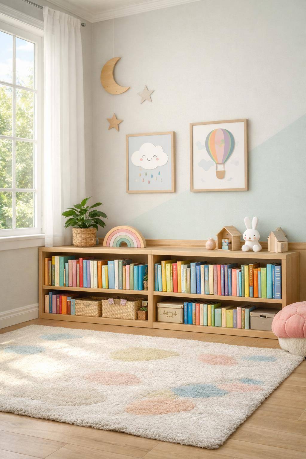 Kinderzimmer einrichten- Arrangiere Bücherregale auf Kinderhöhe zum Entdecken