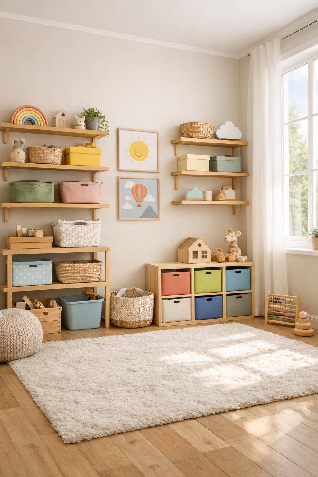 Kinderzimmer einrichten- Ordne Spielzeug in offenen Regalen für Übersicht