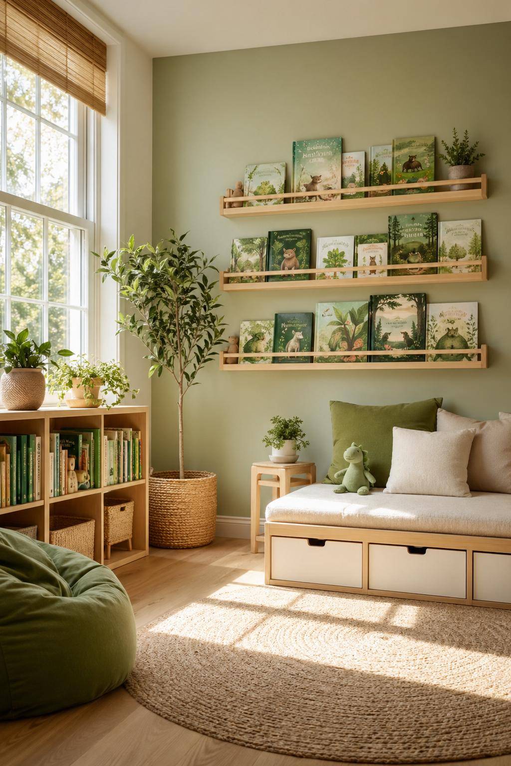 Kinderzimmer in Grün- Fülle Regale mit grünen Kinderbüchern