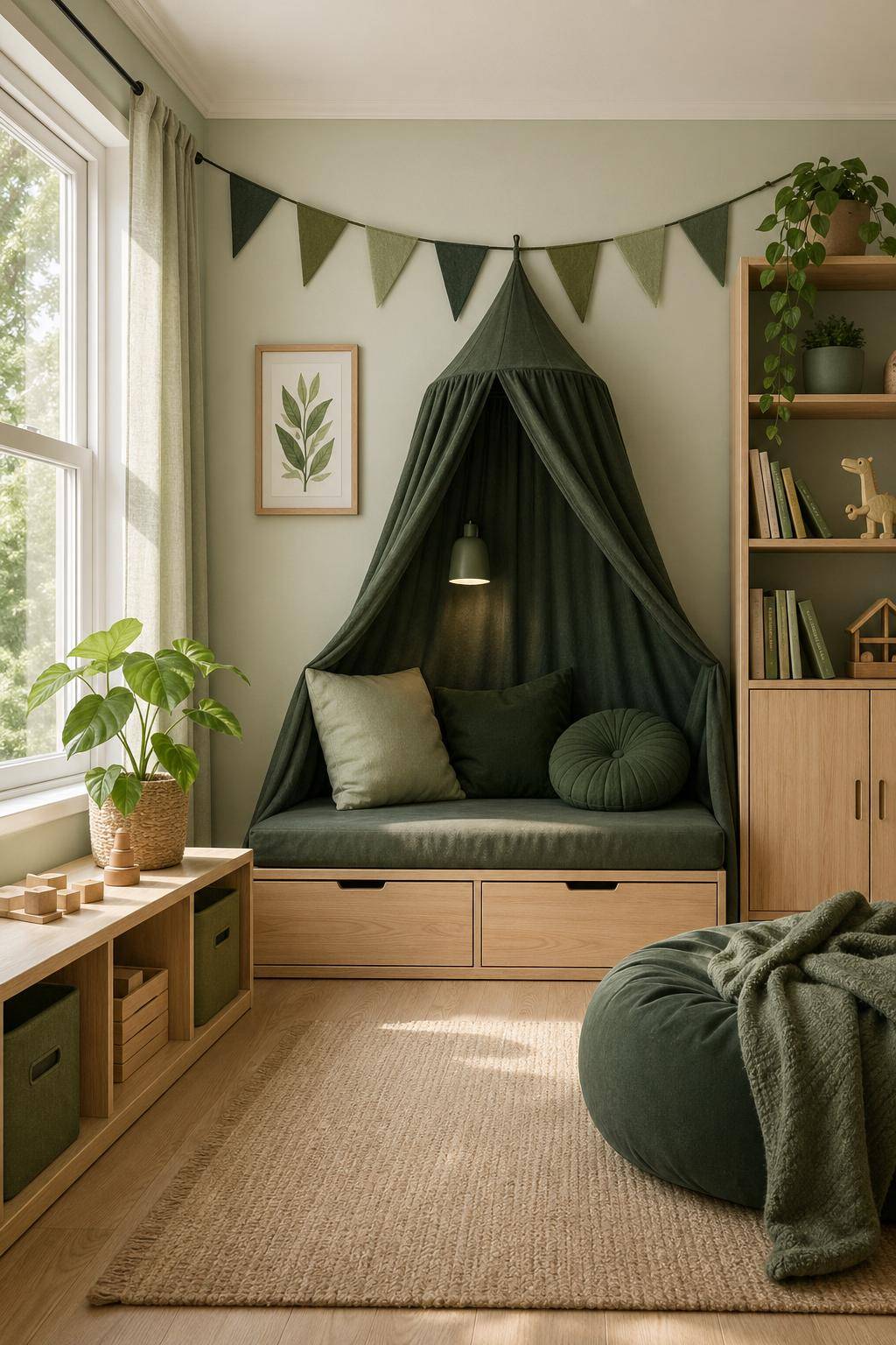 Kinderzimmer in Grün- Hänge eine Wimpelkette in Grüntönen auf