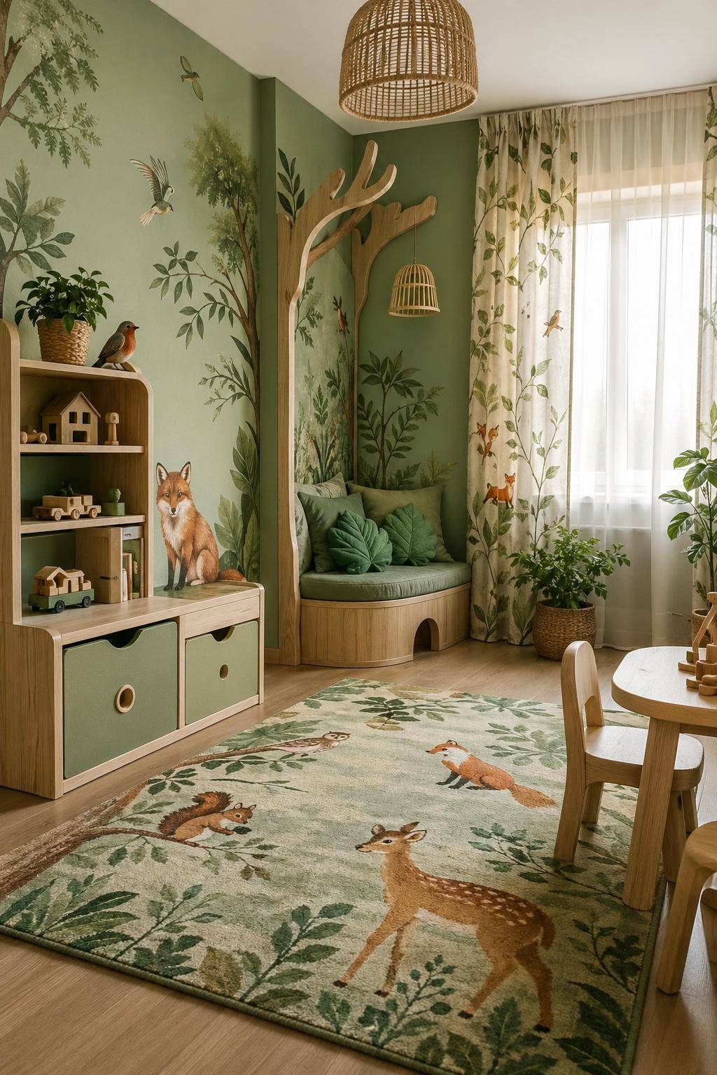 Kinderzimmer in Grün- Integriere Naturmotive wie Blätter und Tiere