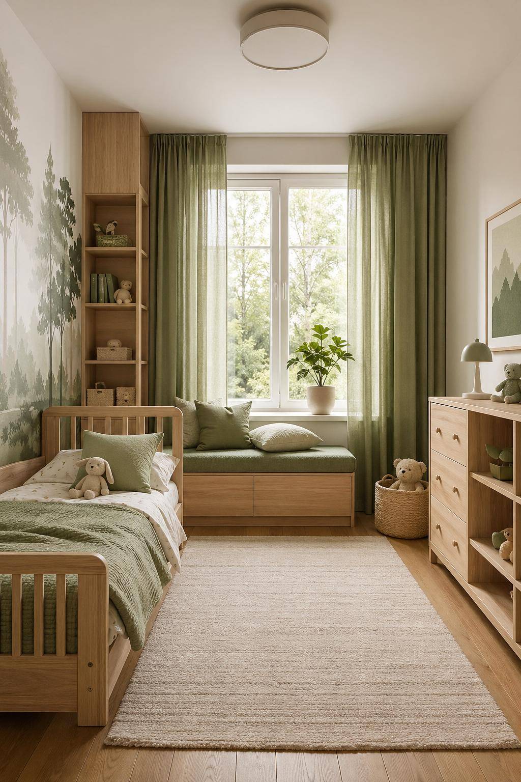 Kinderzimmer in Grün- Schmücke das Fenster mit grünen Vorhängen