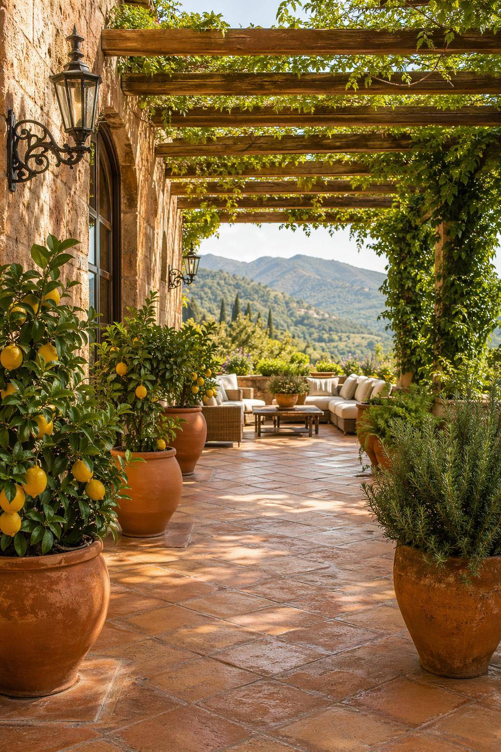 Mediterrane Terrasse gestalten-Arrangiere Zitronenbäumchen in Terrakottatöpfen