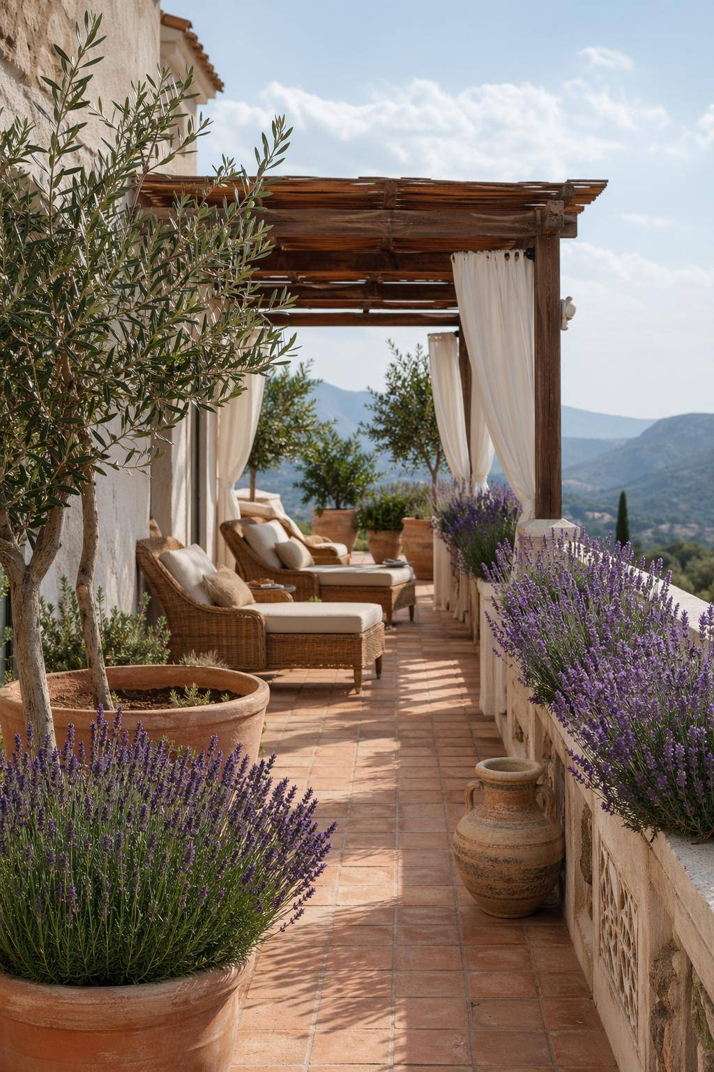 Mediterrane Terrasse gestalten- Bepflanze Blumenkästen mit Lavendel