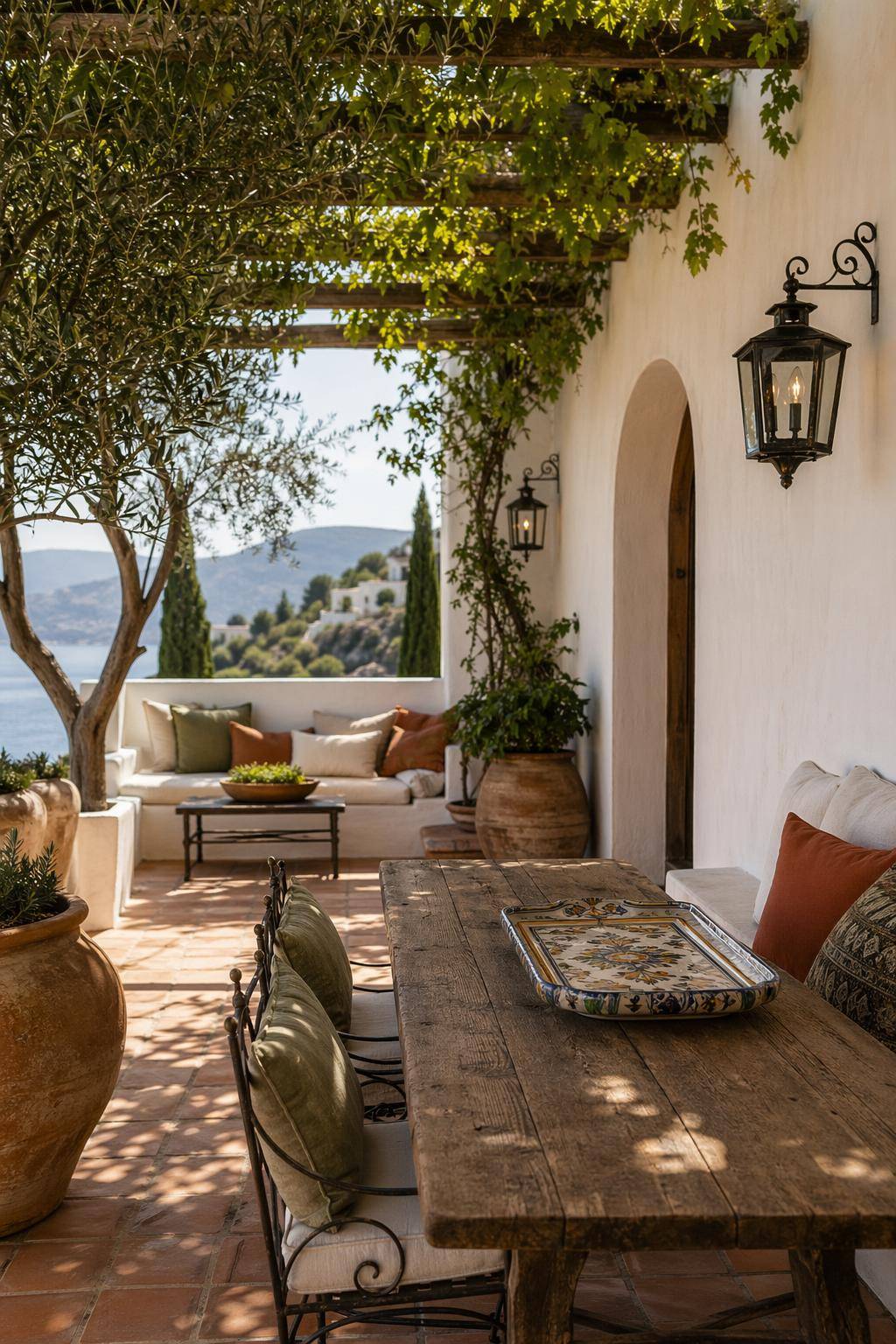 Mediterrane Terrasse gestalten- Dekoriere mit handbemalten Fliesen als Tray