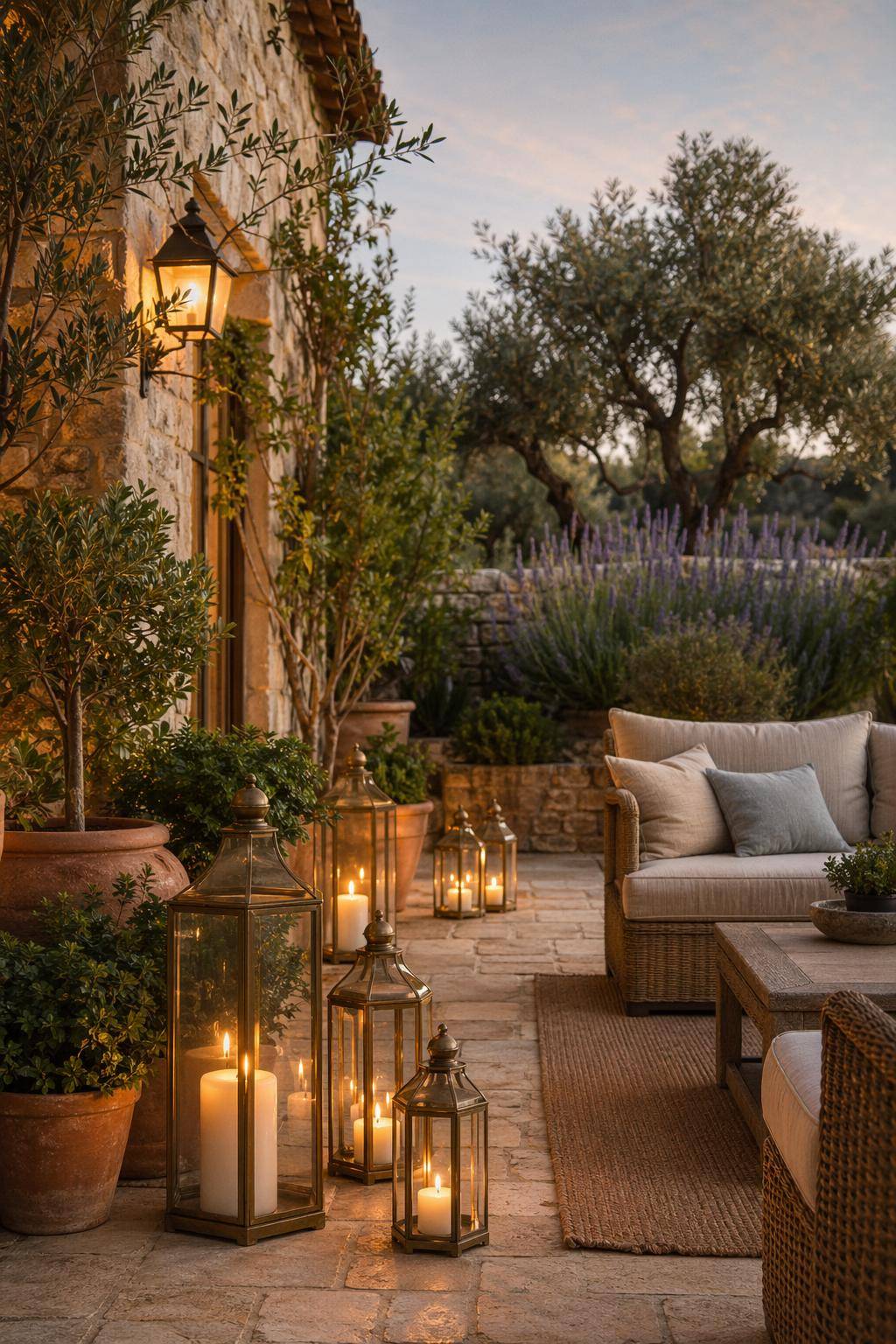 Mediterrane Terrasse gestalten- Gruppe Windlichter für stimmungsvolles Licht