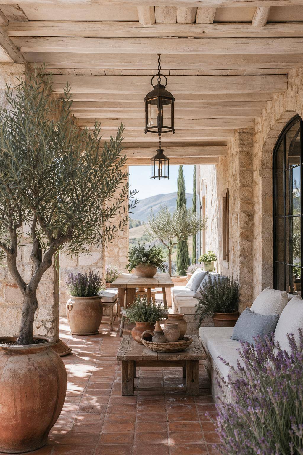 Mediterrane Terrasse gestalten- Hänge Laternen aus Schmiedeeisen auf