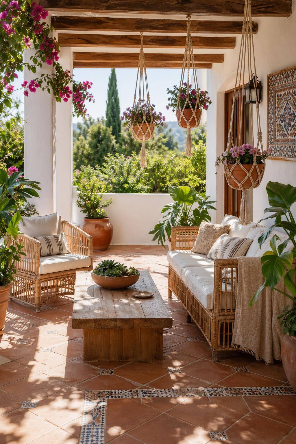 Mediterrane Terrasse gestalten- Hänge hübsche Makramee-Blumenampeln auf