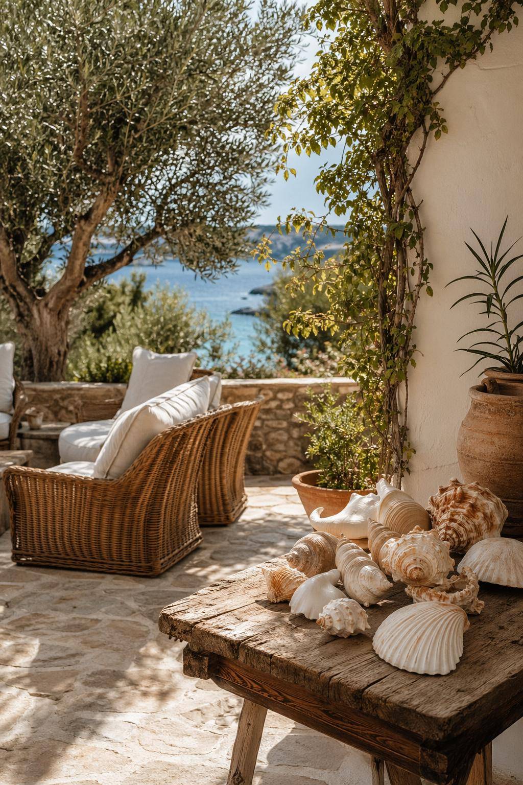 Mediterrane Terrasse gestalten- Nutze große Muscheln als Deko