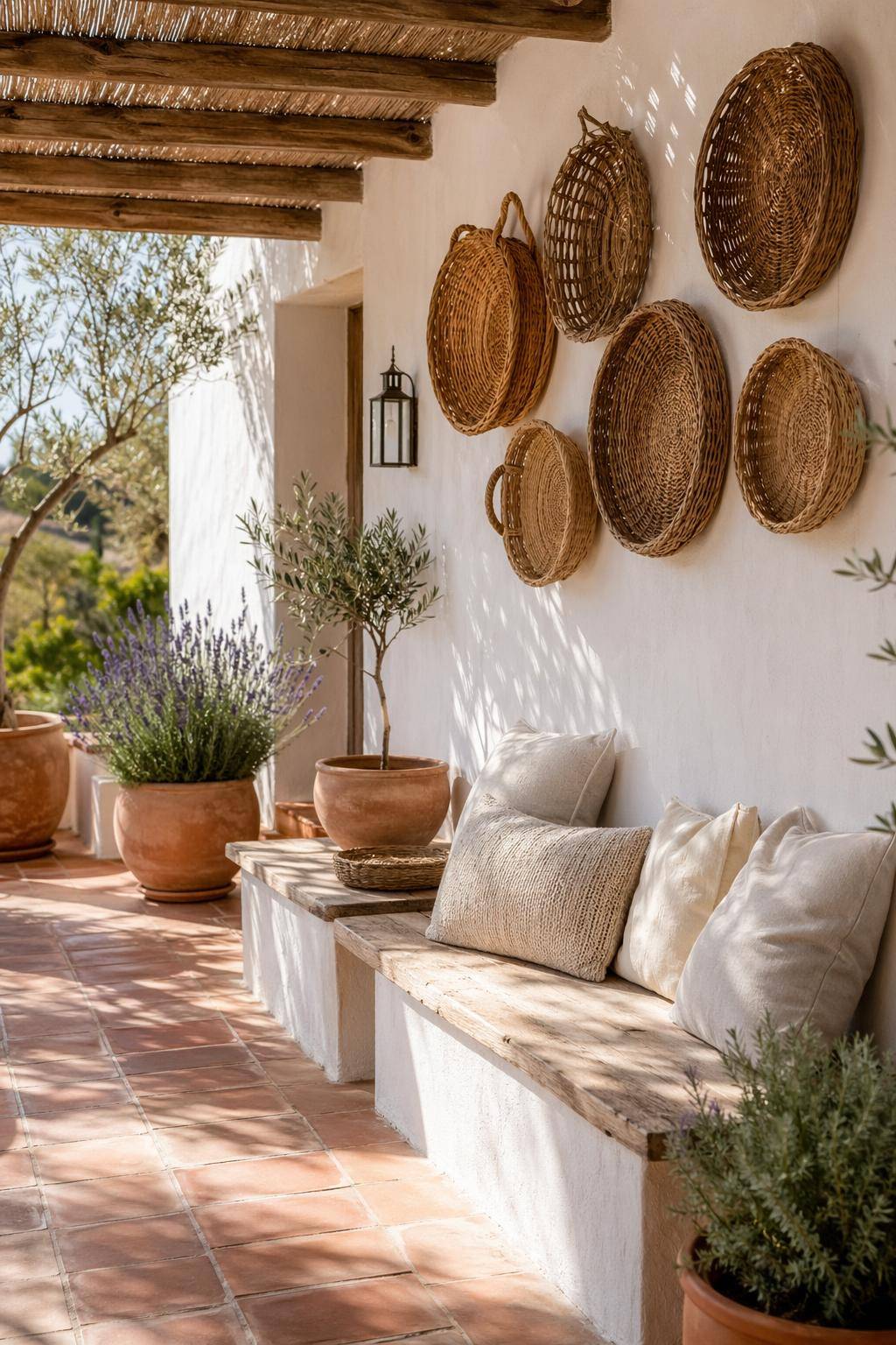 Mediterrane Terrasse gestalten- Schmücke die Wände mit Weidenkörben