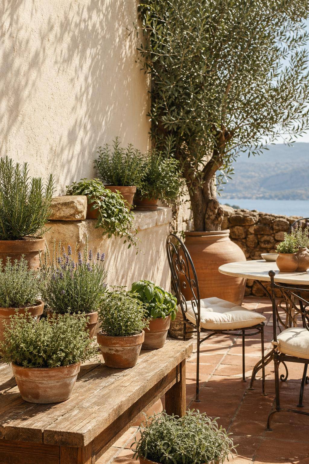 Mediterrane Terrasse gestalten- Setze duftende Kräuter in kleine Töpfe