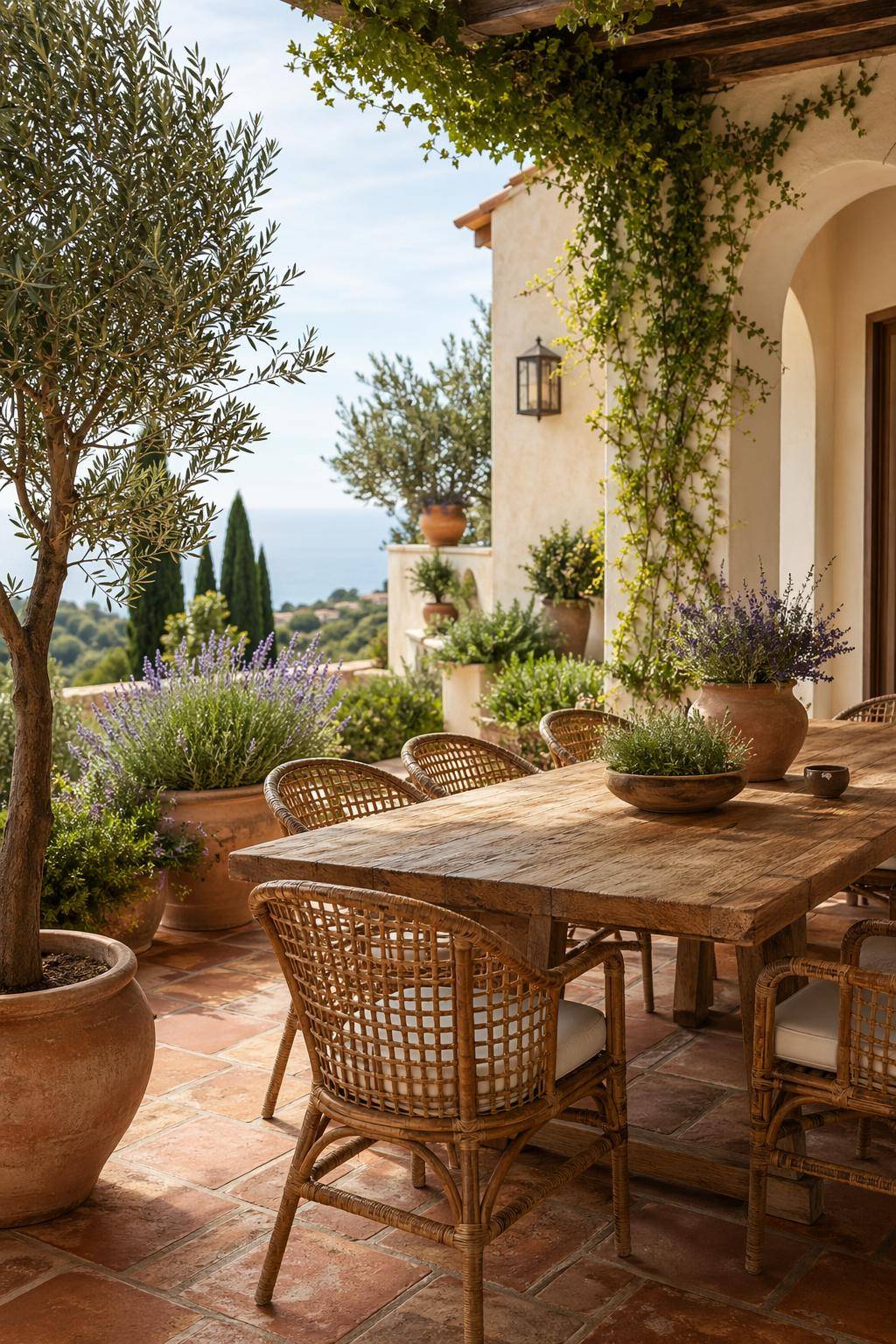 Mediterrane Terrasse gestalten- Stelle geflochtene Rattanstühle dazu
