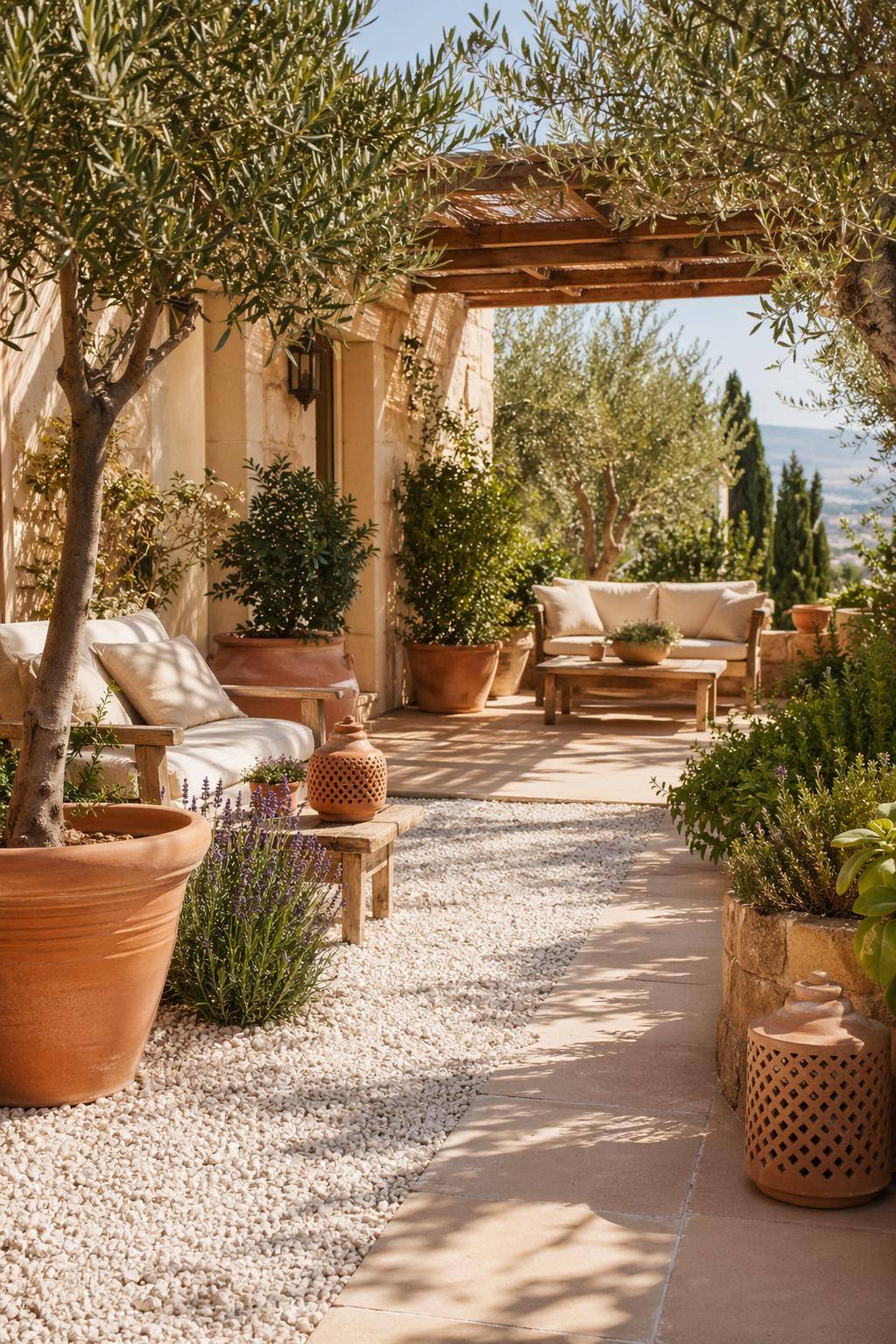 Mediterrane Terrasse gestalten- Streue helle Kieselsteine zwischen die Pflanzen
