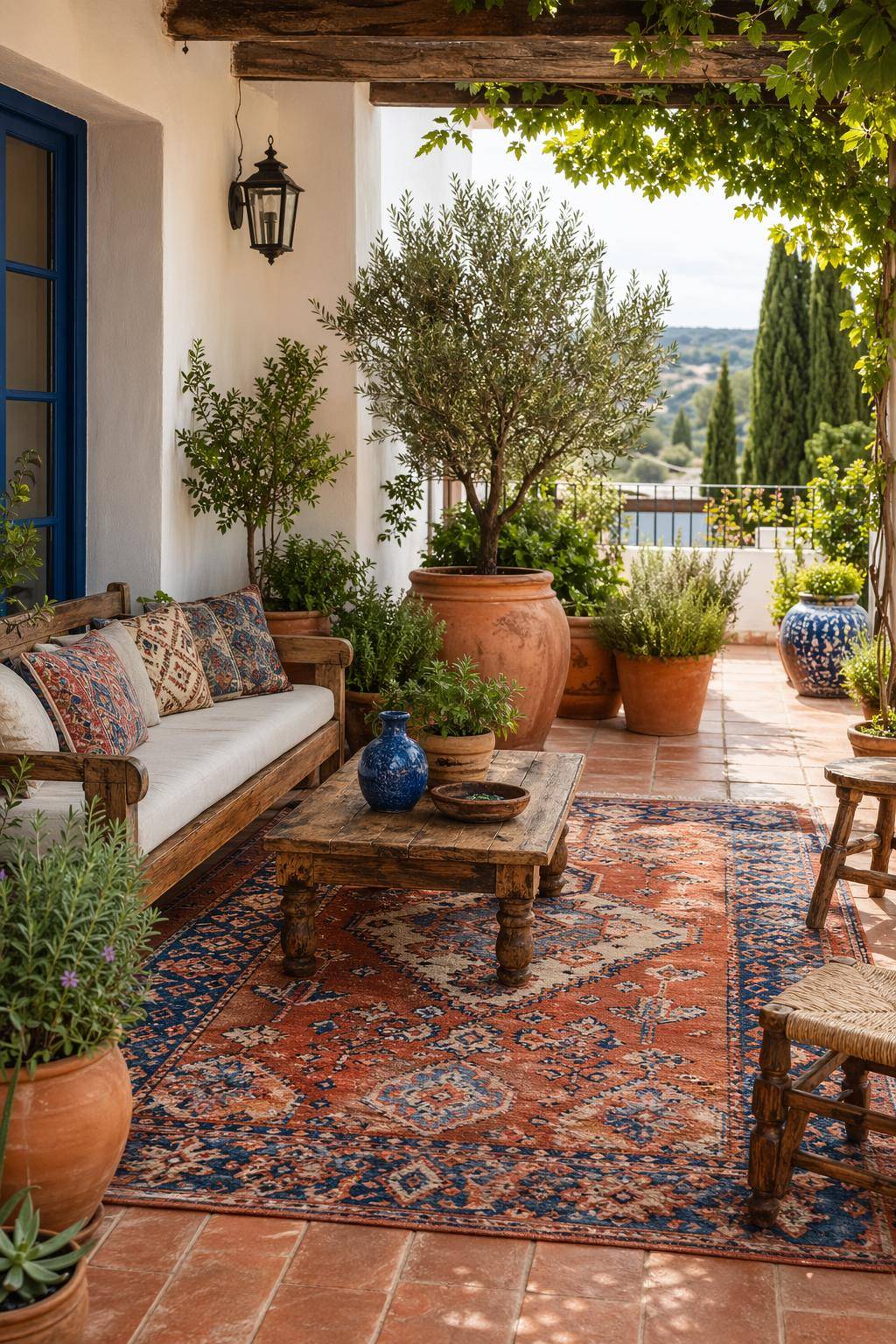 Mediterrane Terrasse gestalten- Wähle farbenfrohe Outdoor-Teppiche