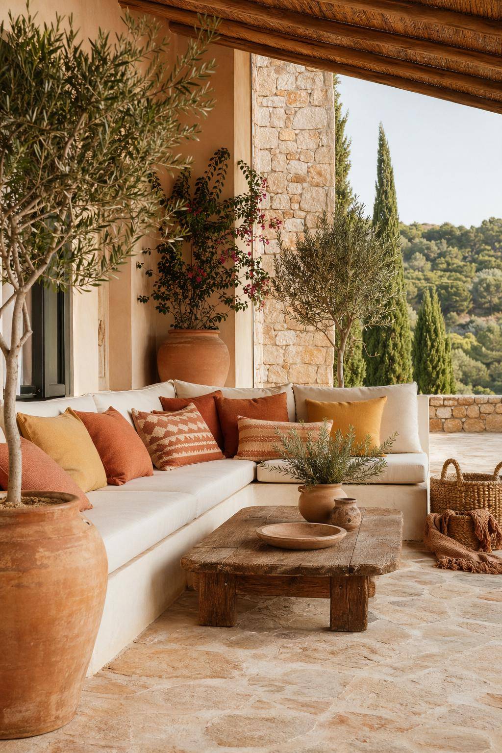 Mediterrane Terrasse gestalten- Wähle warme Erdtöne für Dekokissen