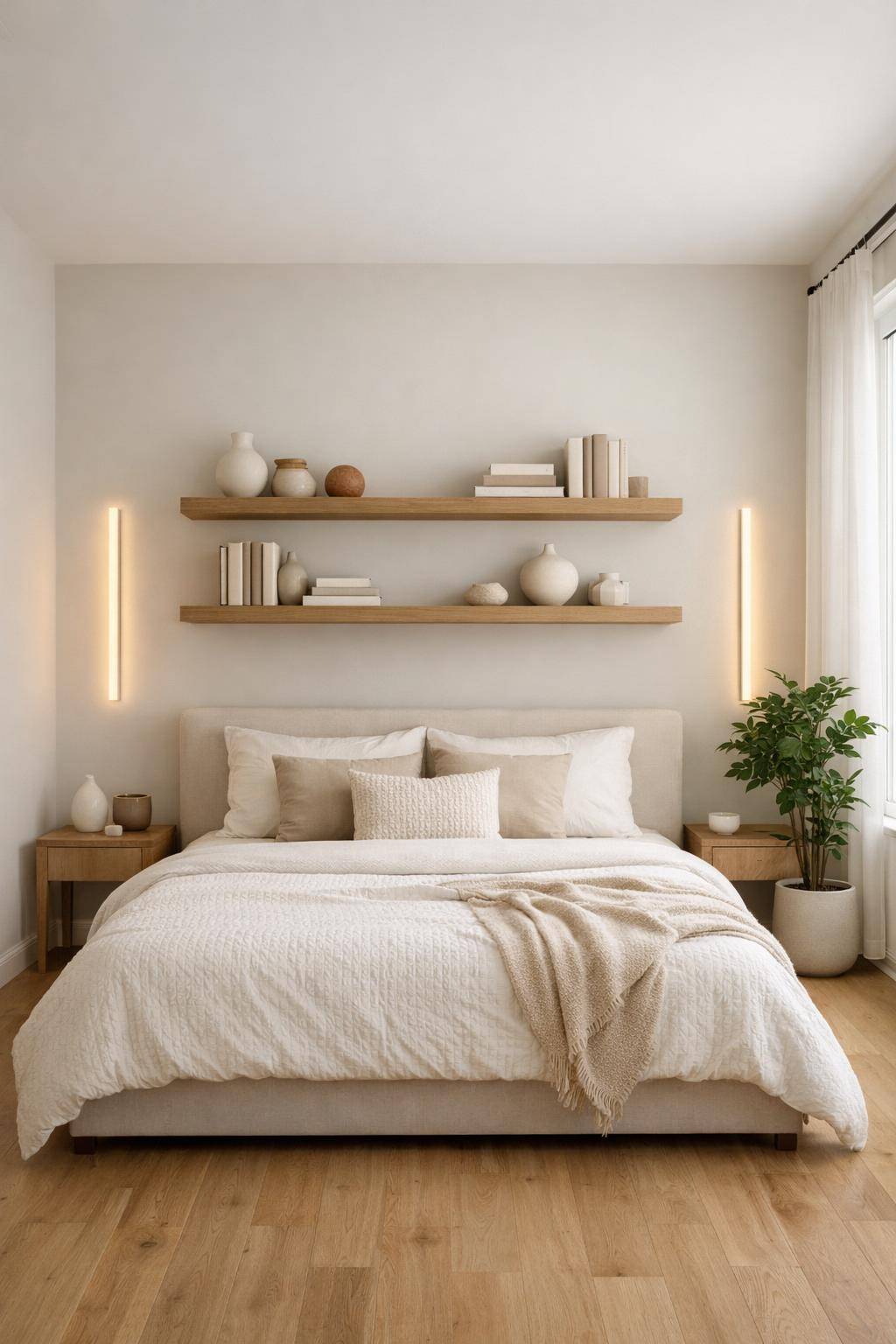 Modernes Schlafzimmer einrichten- Hänge kleine Regale für persönliche Gegenstände auf