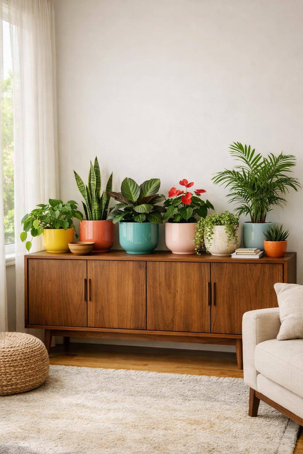 Pflanzen im Wohnzimmer: Ideen und Inspiration- Dekoriere dein Sideboard mit bunten Blumentöpfen