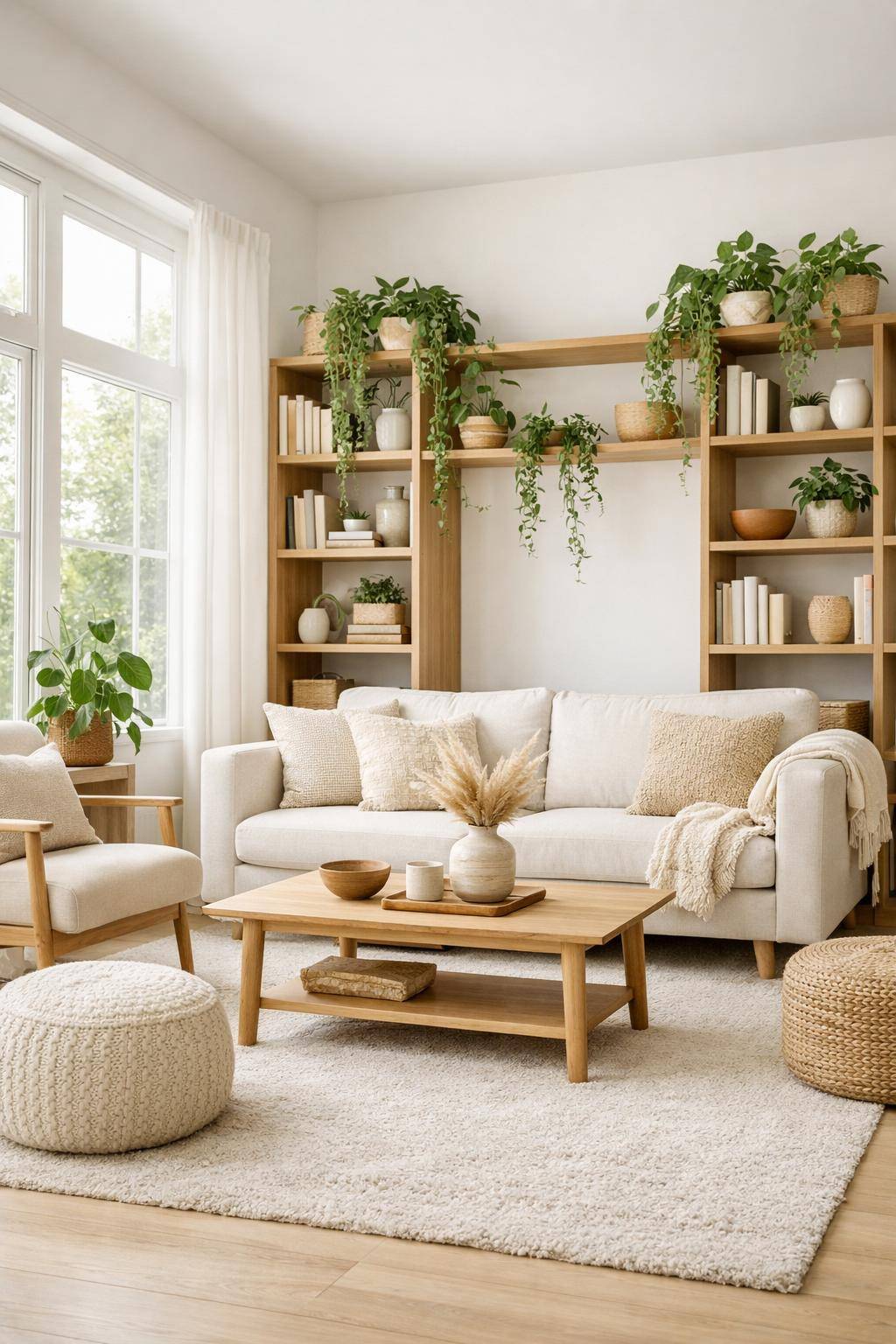 Pflanzen im Wohnzimmer: Ideen und Inspiration- Integriere rankende Pflanzen auf einem Bücherregal