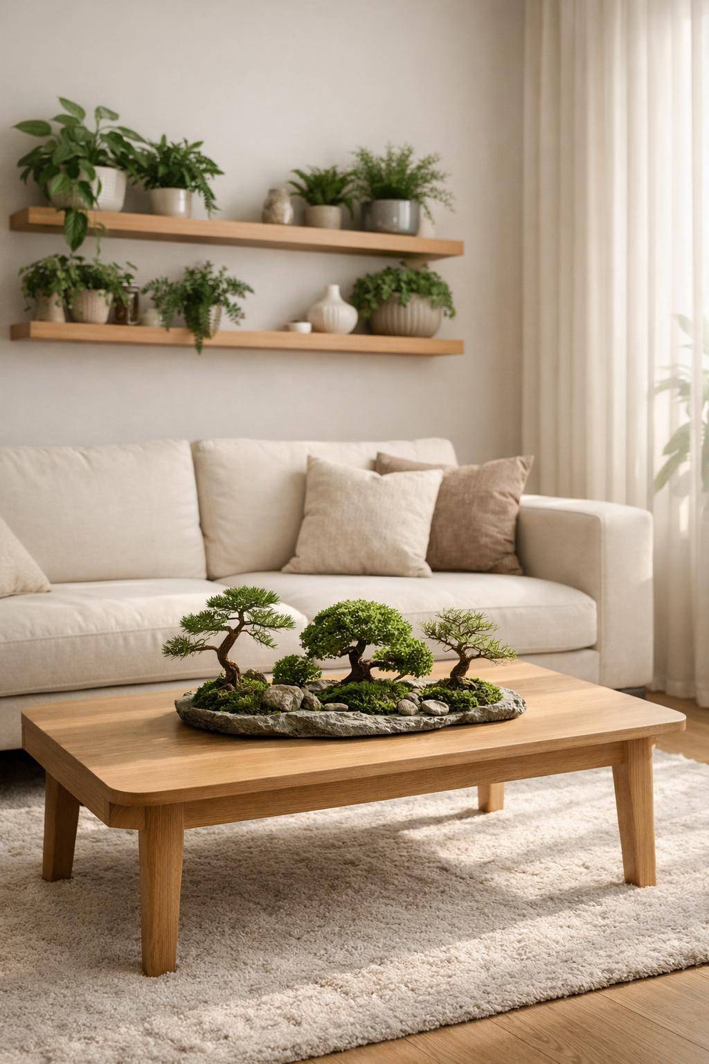 Pflanzen im Wohnzimmer: Ideen und Inspiration- Upgrade deinen Couchtisch mit Bonsai-Bäumchen
