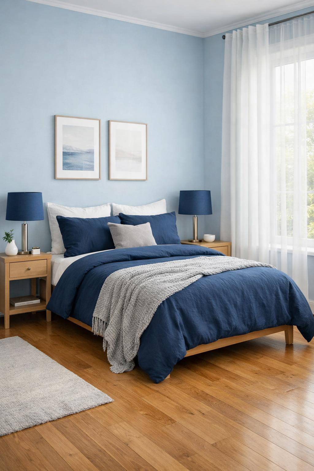 Schöne Ideen für Schlafzimmer in Blau- Experimentiere mit blauen Lampenschirmen