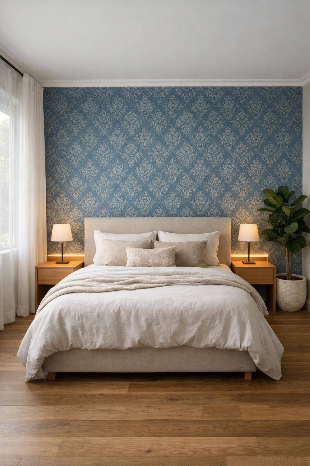 Schöne Ideen für Schlafzimmer in Blau- Gestalte eine Wand mit blauer Tapete