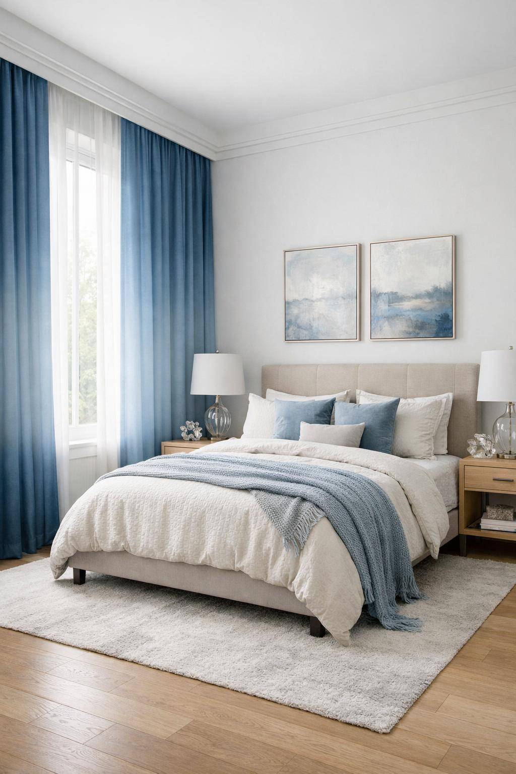 Schöne Ideen für Schlafzimmer in Blau- Hänge Vorhänge in Ombre-Blau auf