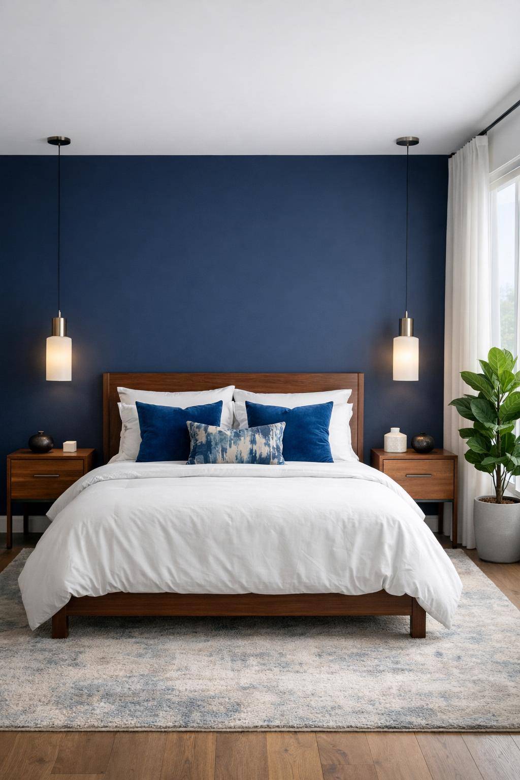 Schöne Ideen für Schlafzimmer in Blau- Integriere blaue Statement-Kissen