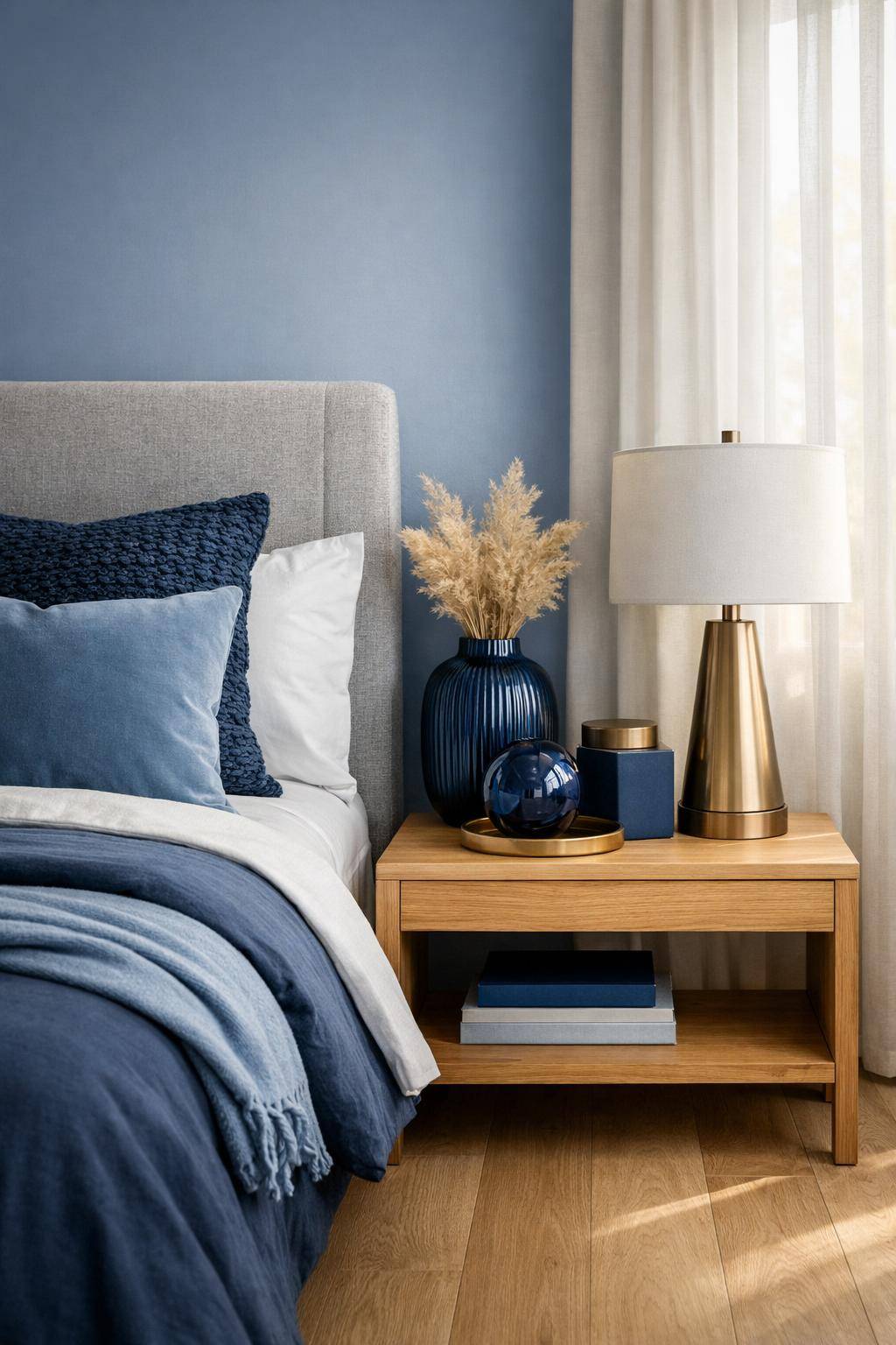 Schöne Ideen für Schlafzimmer in Blau- Lege Deko-Objekte in Navyblau bereit