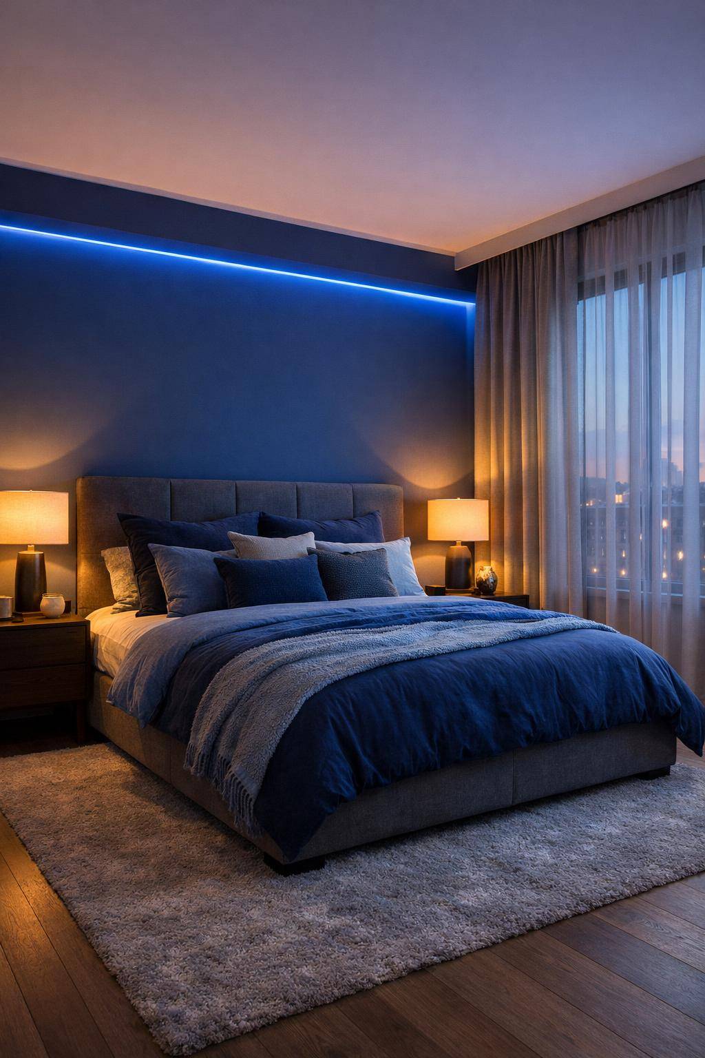 Schöne Ideen für Schlafzimmer in Blau- Setz auf ein Lichtkonzept mit blauen LEDs