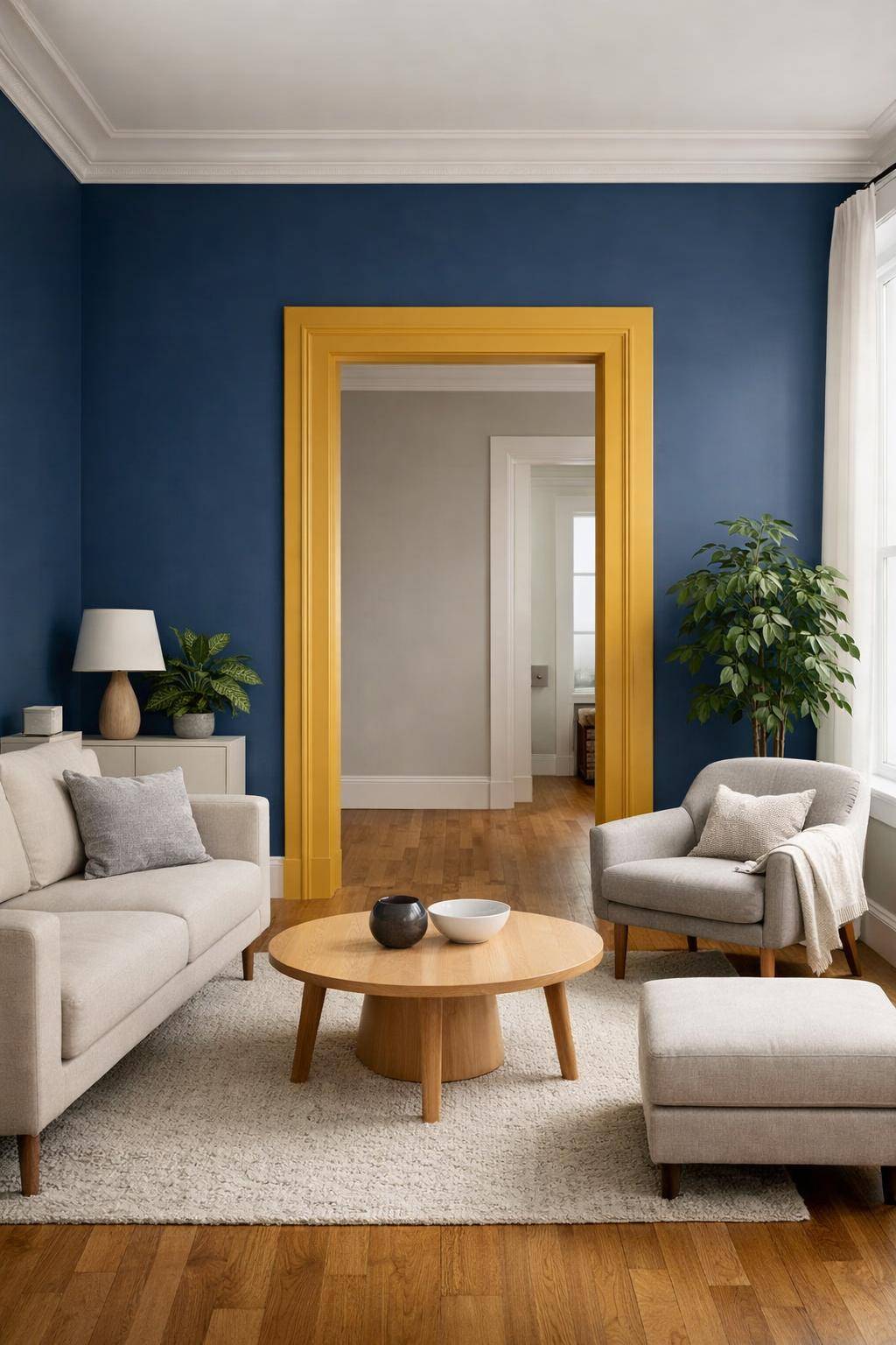 Schöne Ideen für Wandfarbe im Wohnzimmer-  
Hebe Türrahmen mit kontrastierenden Farben hervor