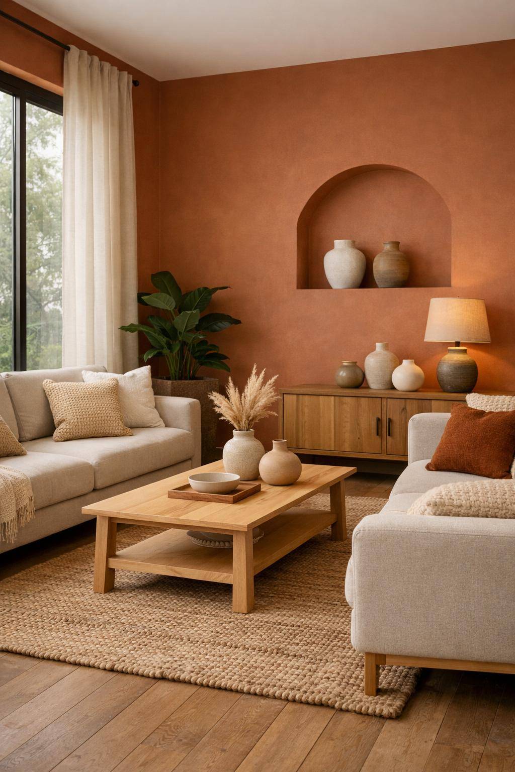 Schöne Ideen für Wandfarbe im Wohnzimmer-  
Integriere warme Terrakotta-Töne für Gemütlichkeit