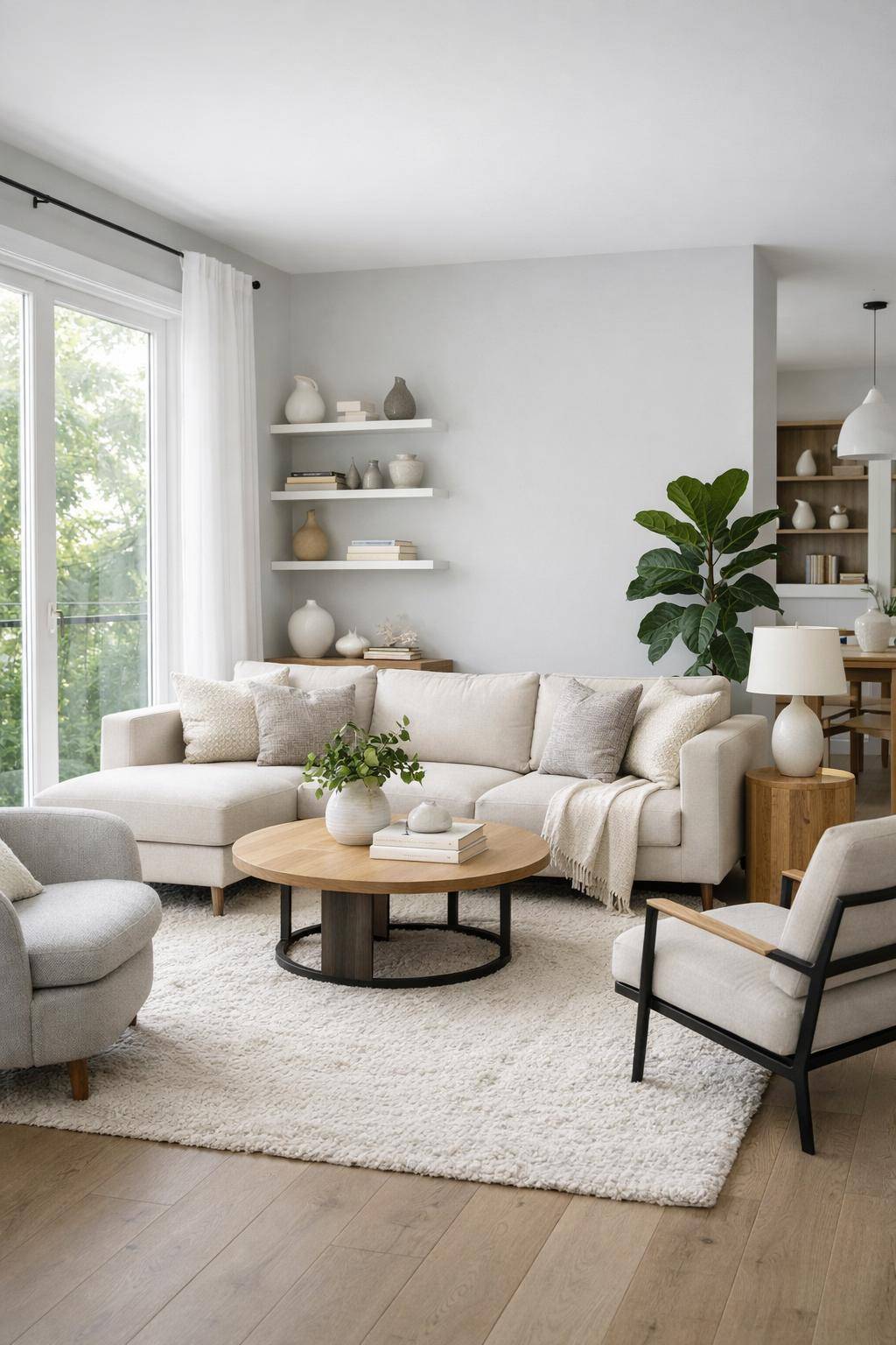 Schöne Ideen für Wandfarbe im Wohnzimmer-  
Kombiniere sanfte Grauschattierungen mit Weiß