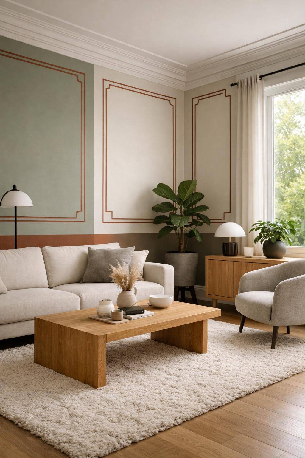 Schöne Ideen für Wandfarbe im Wohnzimmer-  
Male Rahmenmuster in Komplementärfarben an