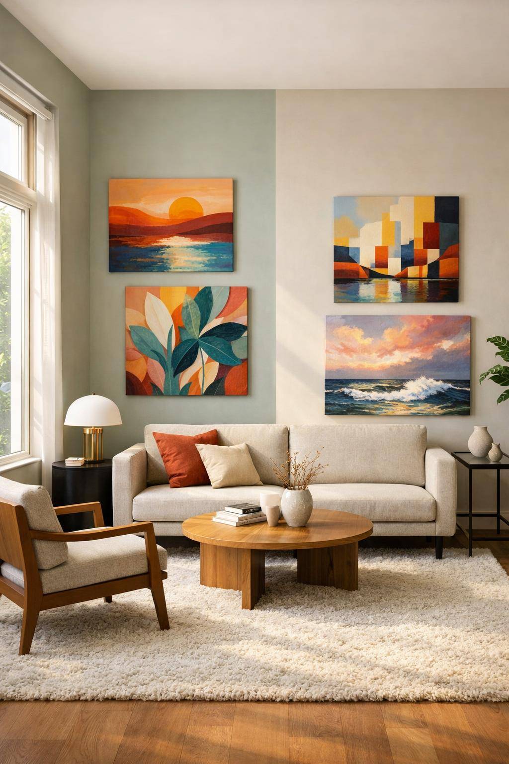 Schöne Ideen für Wandfarbe im Wohnzimmer-  
Plaziere Kunstwerke auf farblich abgestimmte Hintergründe