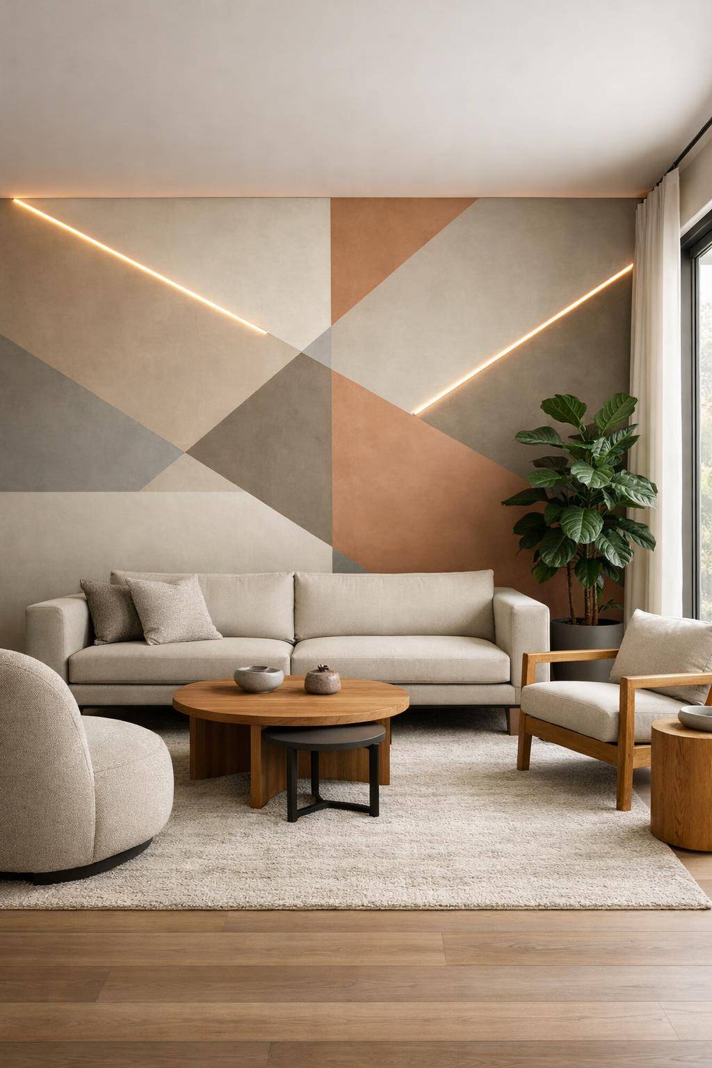 Schöne Ideen für Wandfarbe im Wohnzimmer-  
Probiere geometrische Muster für moderne Akzente