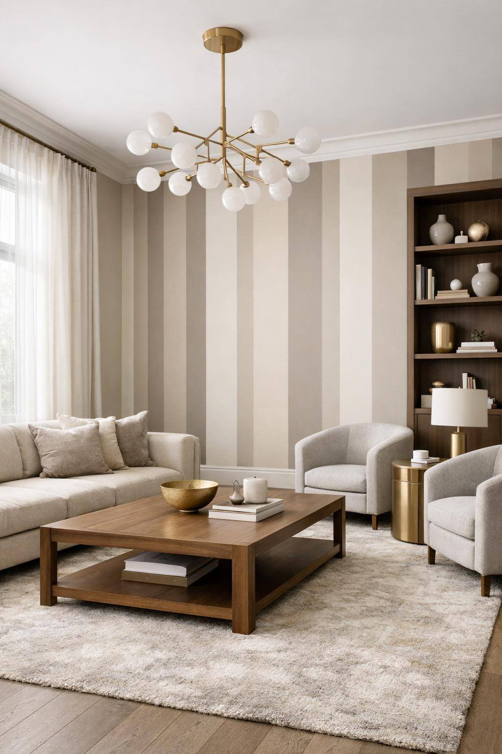 Schöne Ideen für Wandfarbe im Wohnzimmer-  
Setze Streifen in unterschiedlichen Breiten ein