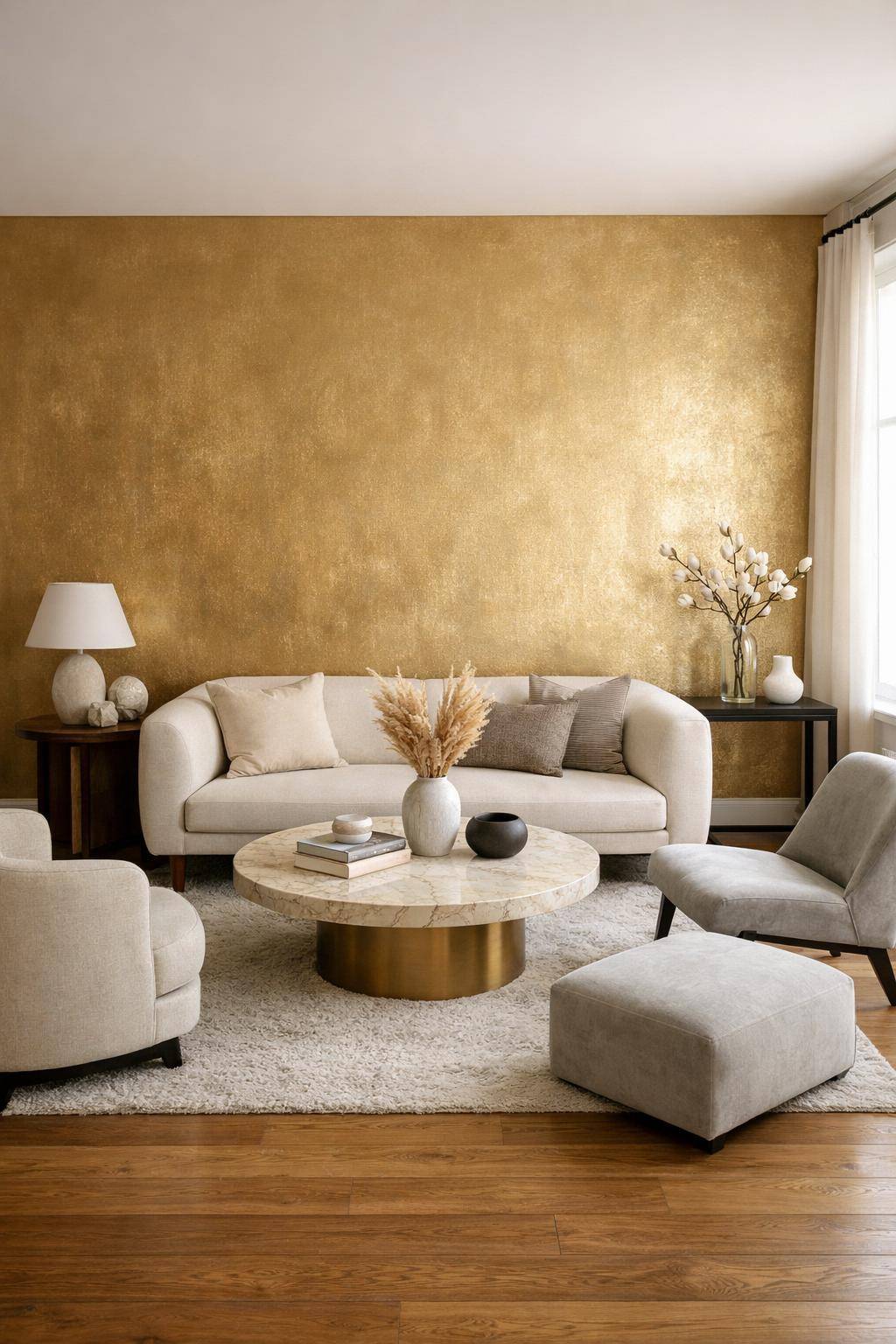 Schöne Ideen für Wandfarbe im Wohnzimmer-  
Verziere einen Wandabschnitt mit Metallic-Farben