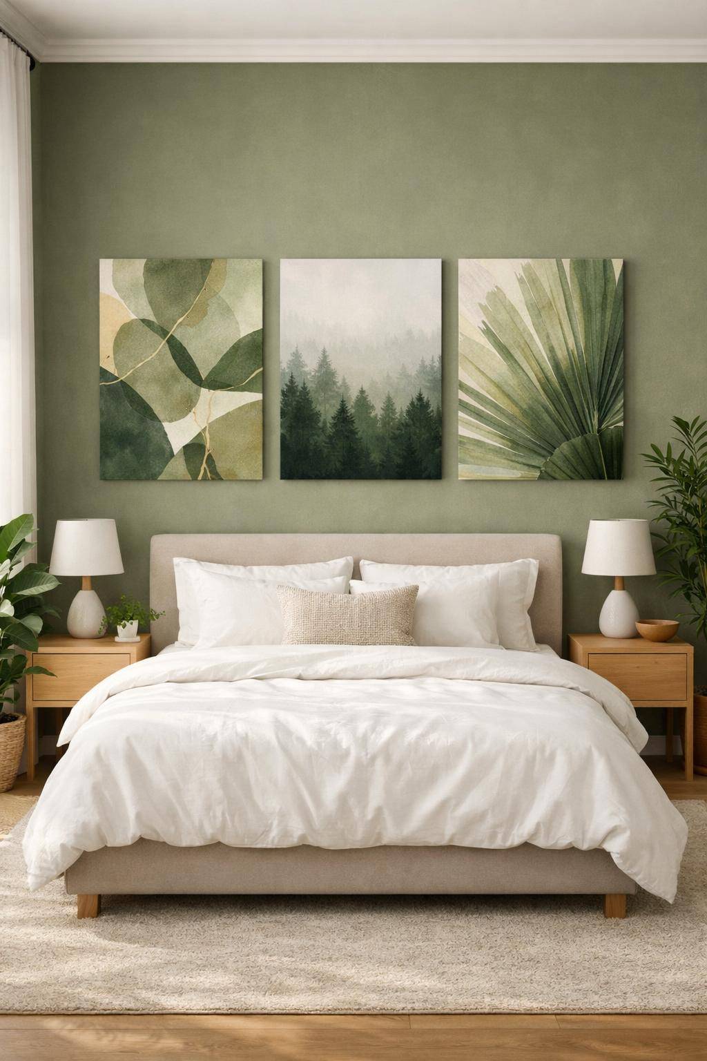 Schlafzimmer in Grün: Ideen und Inspiration- Platziere olivgrüne Wandbilder strategisch