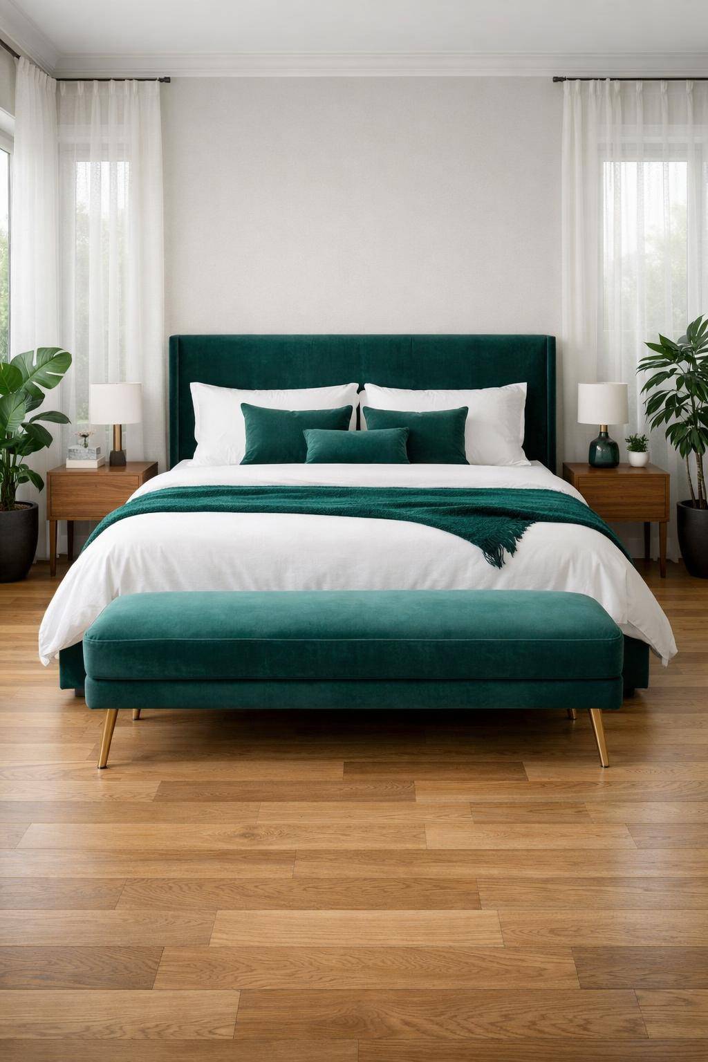 Schlafzimmer in Grün: Ideen und Inspiration- Schaffe mit petrolgrüner Bettbank einen Eyecatcher