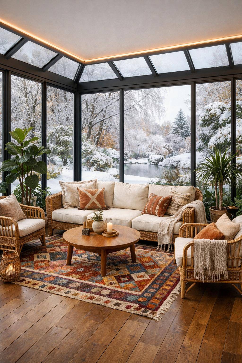 Wintergarten einrichten- Ergänze einen stylischen Teppich für Wärme