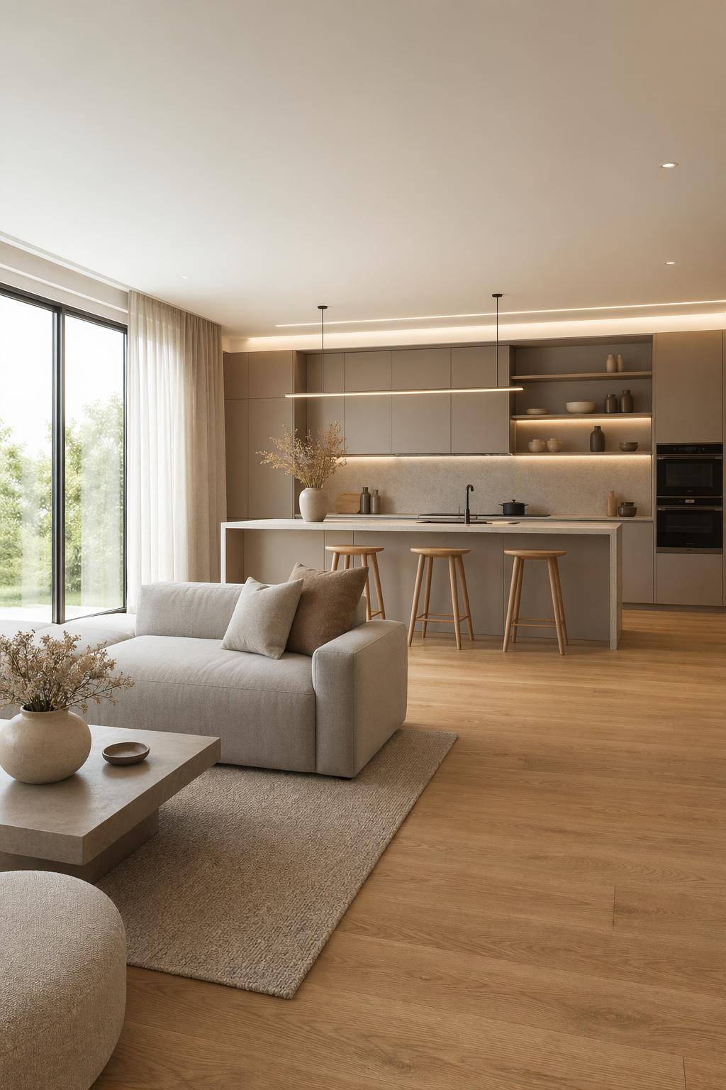 Wohnzimmer mit offener Küche einrichten-Wähle eine harmonische Grundfarbpalette aus