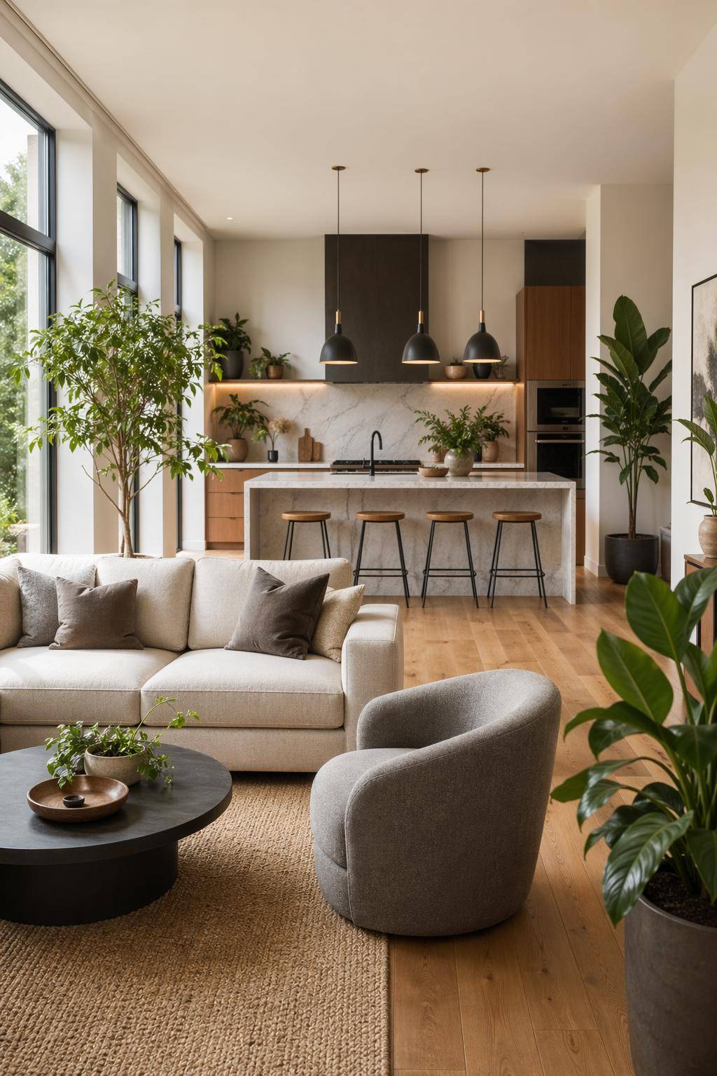 Wohnzimmer mit offener Küche einrichten- Belebe den Raum mit stilvollen Pflanzen