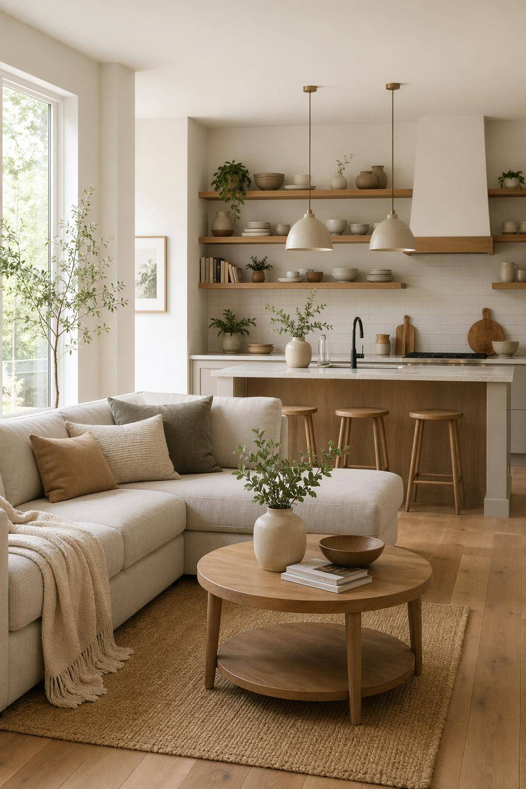 Wohnzimmer mit offener Küche einrichten- Hänge offene Regale für Dekorationen auf