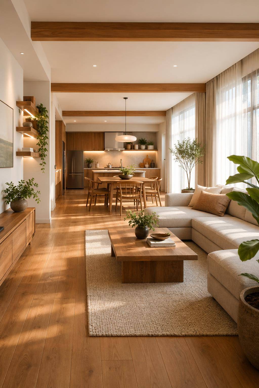 Wohnzimmer mit offener Küche einrichten- Lass warme Holztöne für Behaglichkeit sorgen