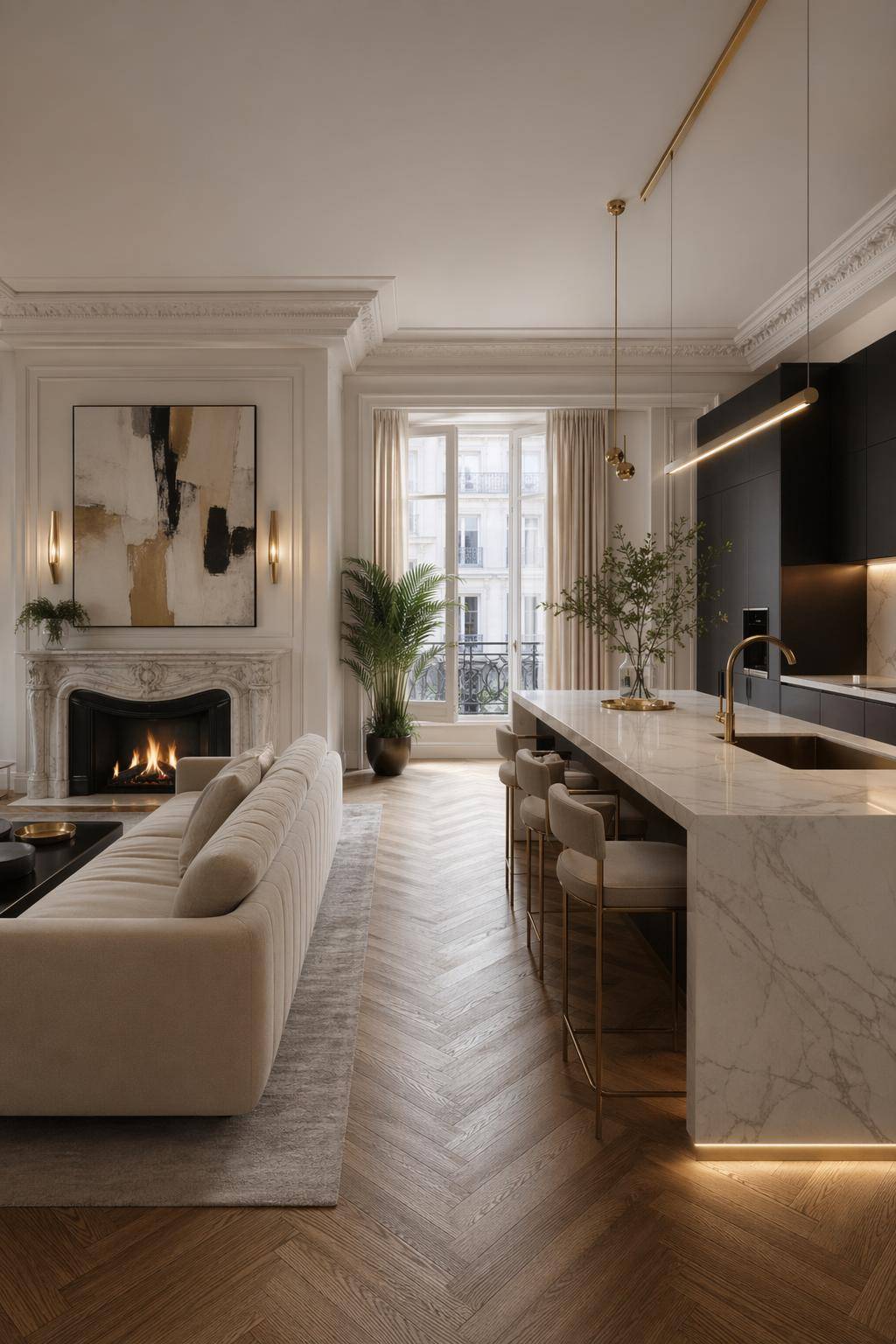 Wohnzimmer mit offener Küche einrichten- Mixe moderne und klassische Stilelemente