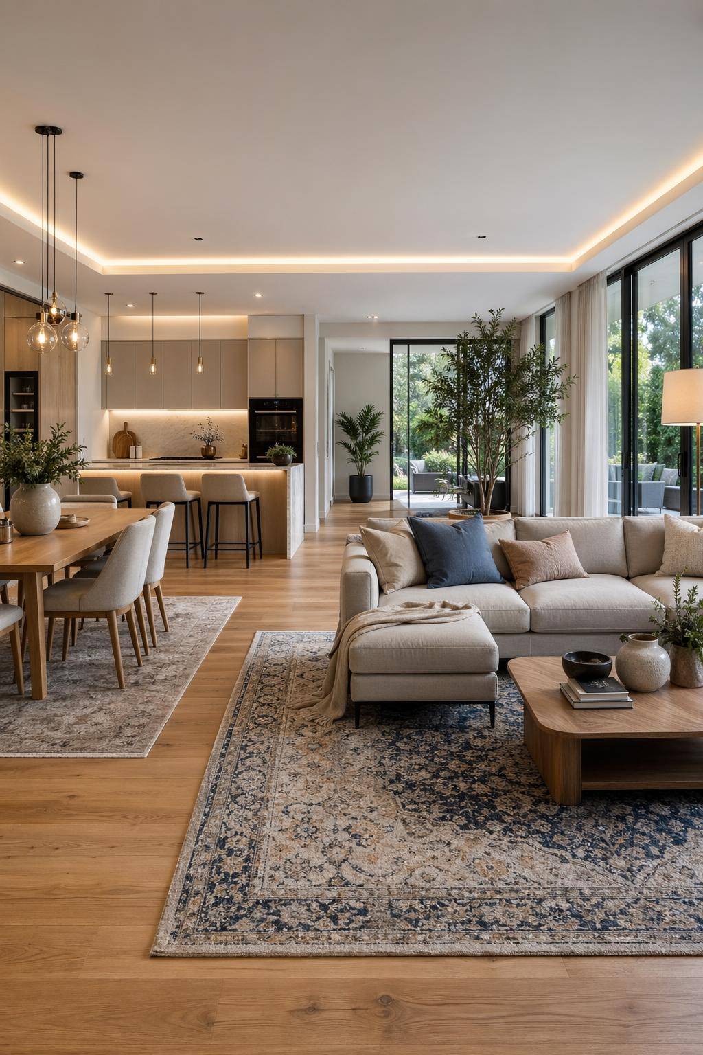 Wohnzimmer mit offener Küche einrichten- Nutze Teppiche zur optischen Zonierung