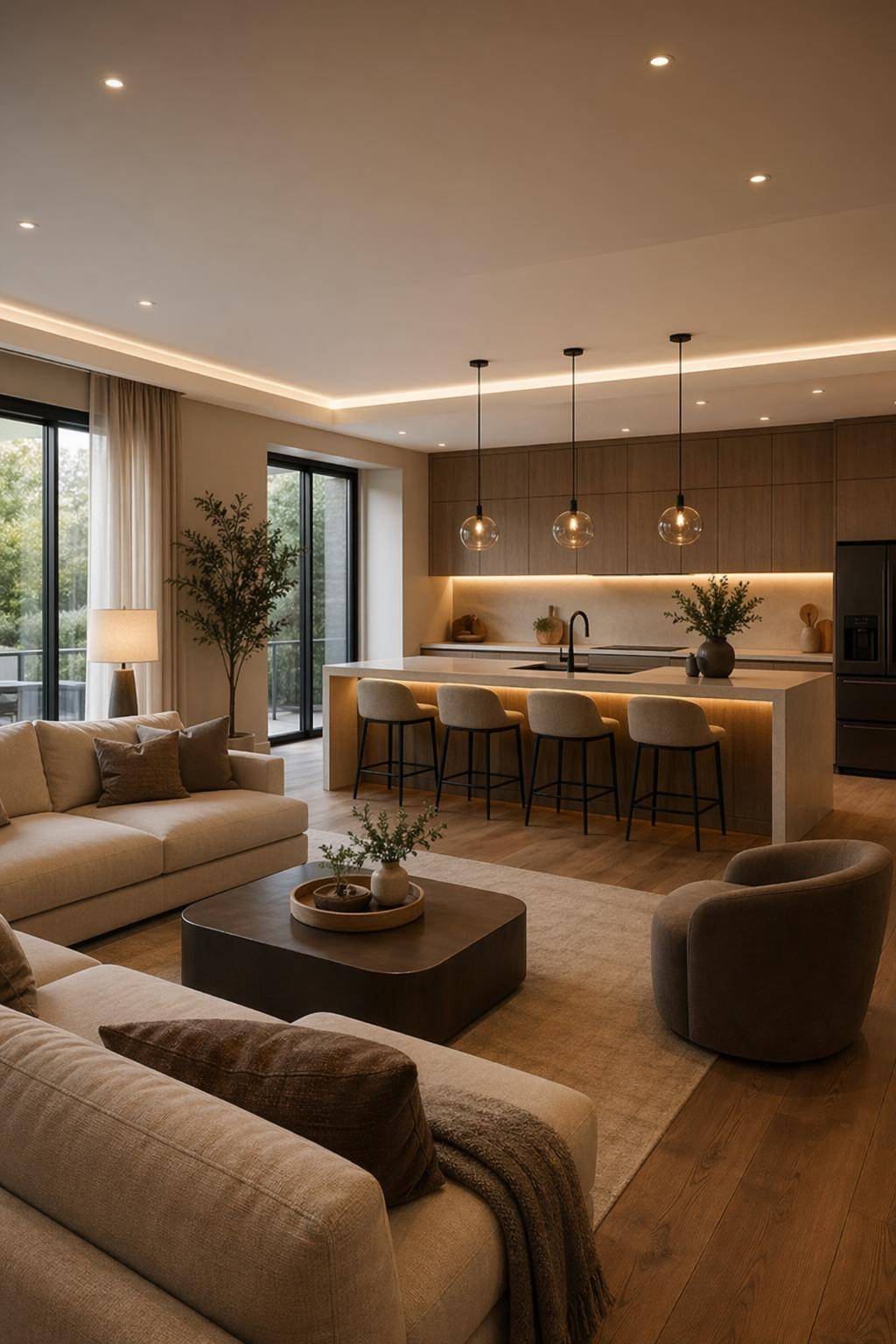 Wohnzimmer mit offener Küche einrichten- Setze verschiedene Lichtquellen gezielt ein